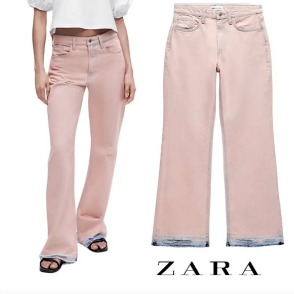 Zara Raw Hem Flare Pink Blue Acid Wash Mid Rise Jeans Denim Y2K 90s Size 6 - Picture 1 of 14